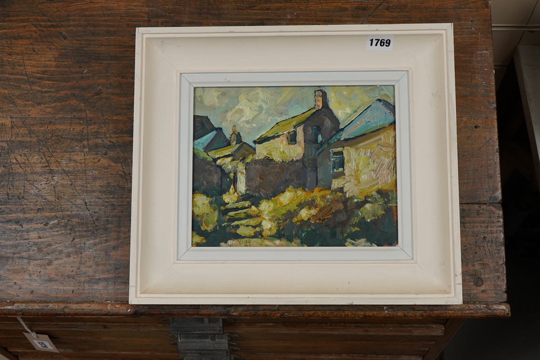 Bob Vigg (1932-2001), ‘Newlyn Cottages’, signed, Cornish impasto oil on board, 19 x 24cm